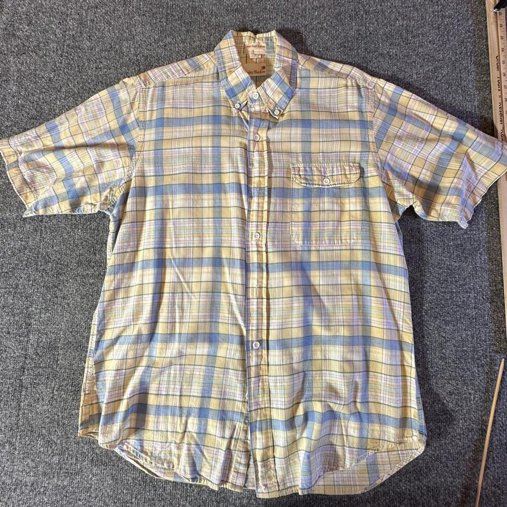 Stanley Blacker Mens Large Yellow Blue Plaid Short Sleeve Button Down Shirt L41